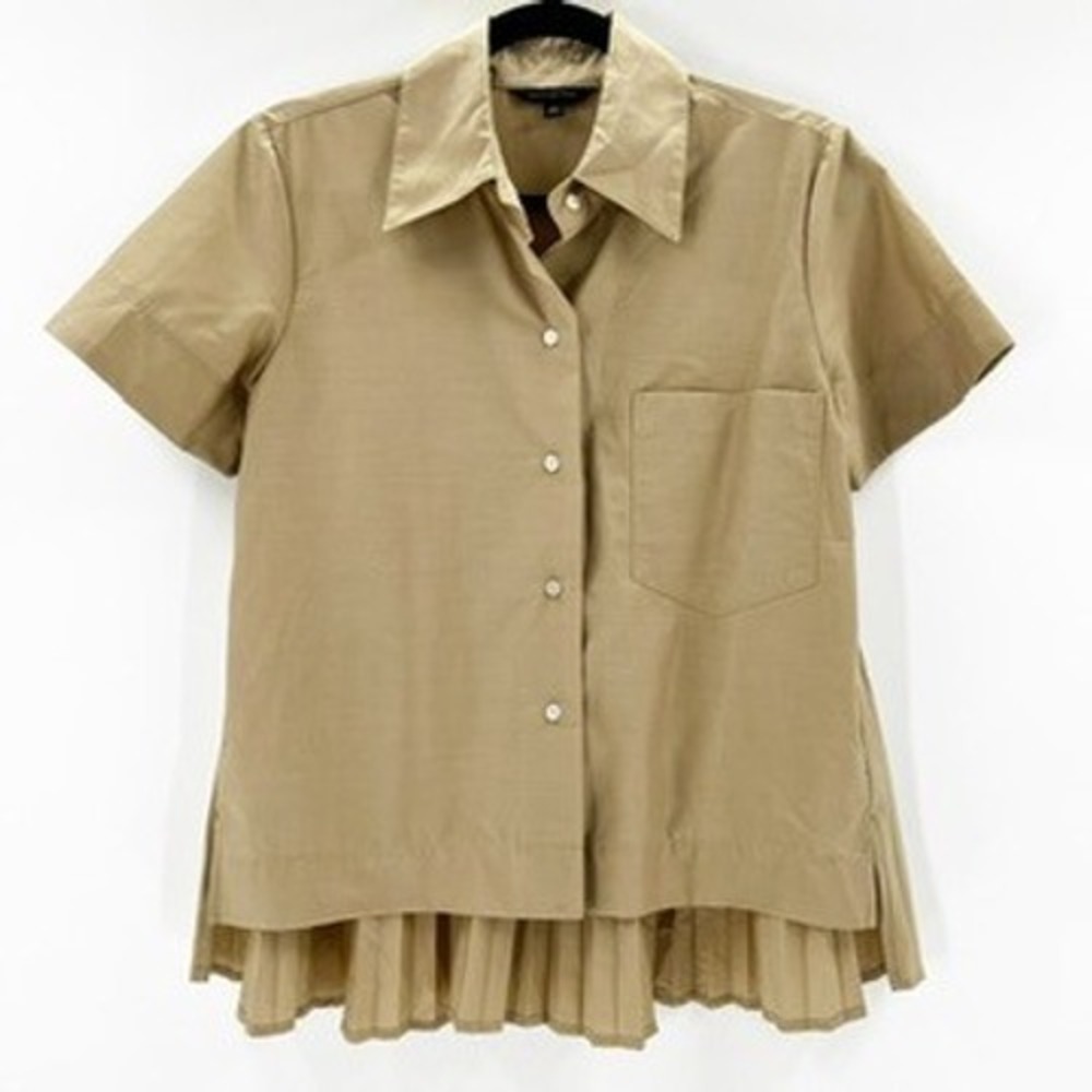 Bananaā Republic Women Khaki Short Sleeve Button Up Pleated Blouse Top XS